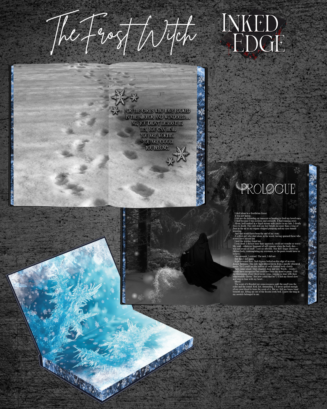 Endpages with icicles and interior formatting for the frost witch with winter scenes