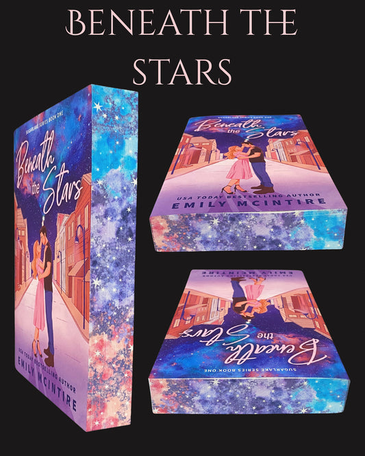 Three views of a book titled 'Beneath the Stars' by Emily McIntire with colorful edges on a black background.