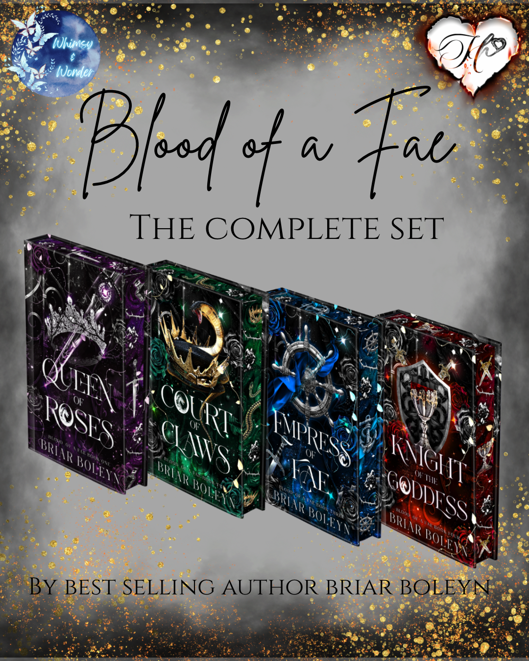 Collection of book covers for 'Blood of a Fae' series with decorative elements on a gray background.