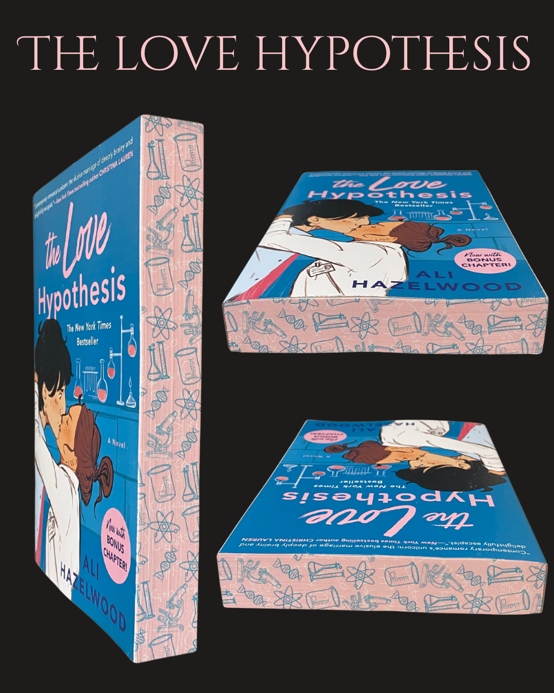 Three views of 'The Love Hypothesis' book edges on a black background