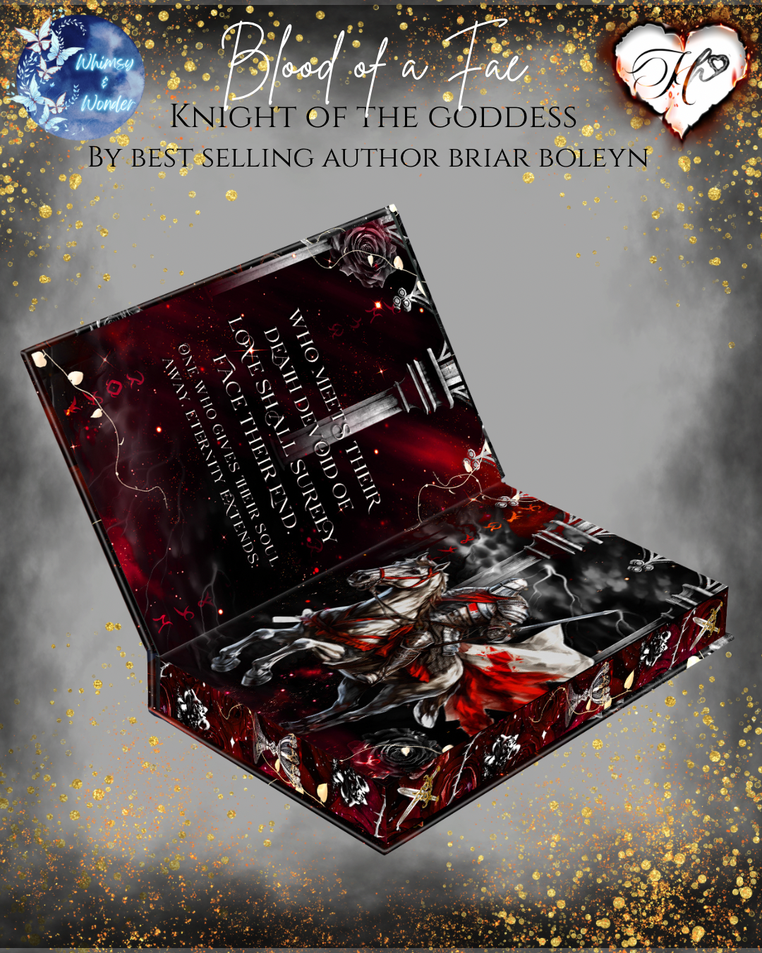 Gothic-style book edges with dark red text and blood-like elements on a gray background.