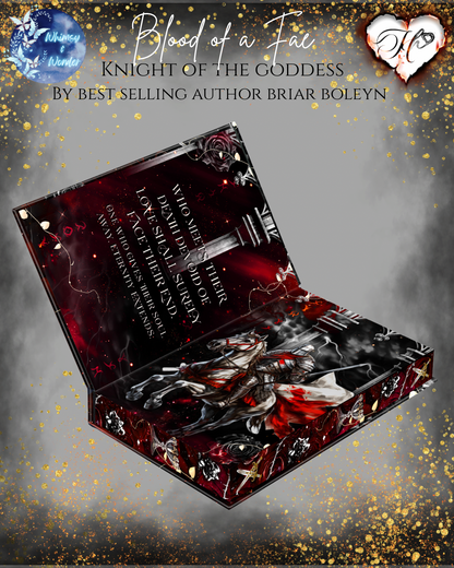 Gothic-style book edges with dark red text and blood-like elements on a gray background.