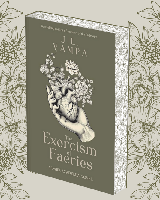 Book titled 'The Exorcism of Faeries' by J.L. Vampa on a floral patterned background