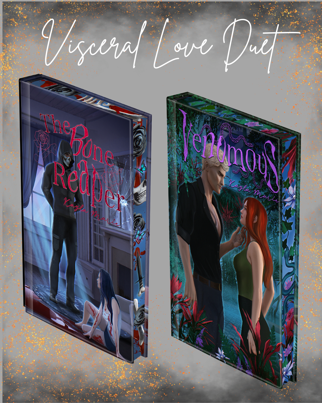 Two book covers titled 'The Bone Reaper' and 'Venomous' on a gray background with decorative elements.