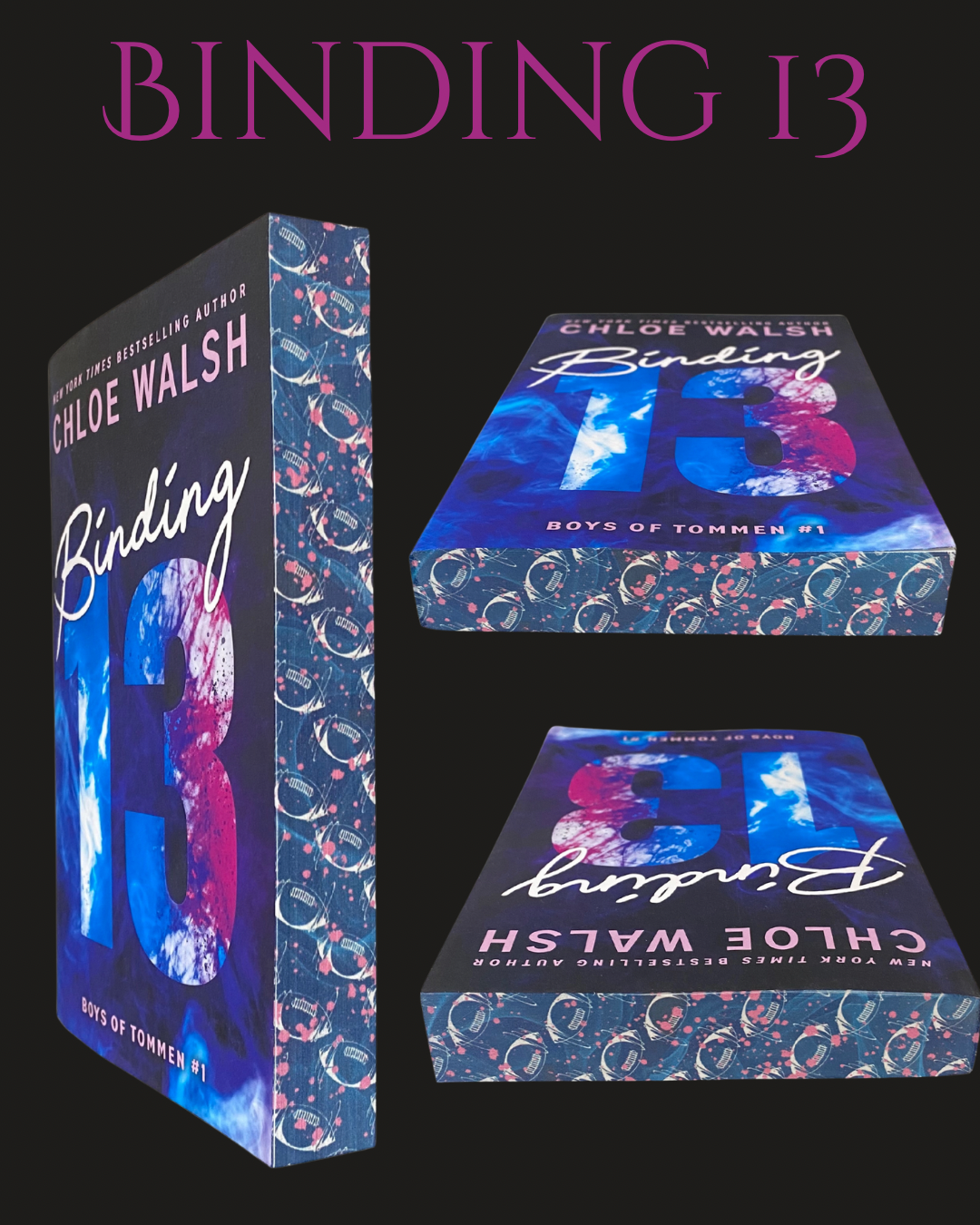 Book titled 'Binding 13' by Chloe Walsh with a blue and pink design on a black background