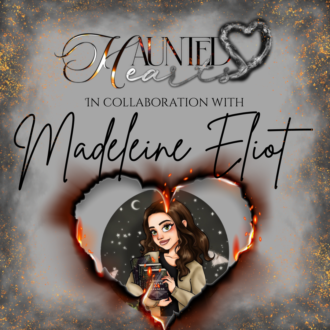 Promotional image for a book omnibus featuring a character illustration with a heart and fire motif, text mentioning the collaboration with Madeleine Eliot, and the title 'Haunted'.