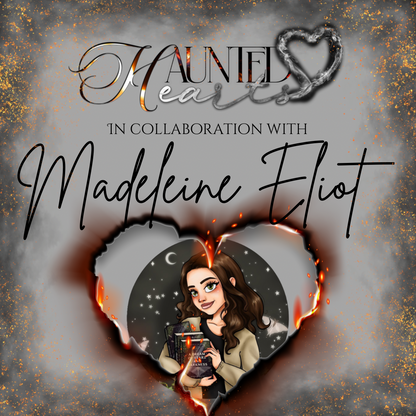Promotional image for a book omnibus featuring a character illustration with a heart and fire motif, text mentioning the collaboration with Madeleine Eliot, and the title 'Haunted'.