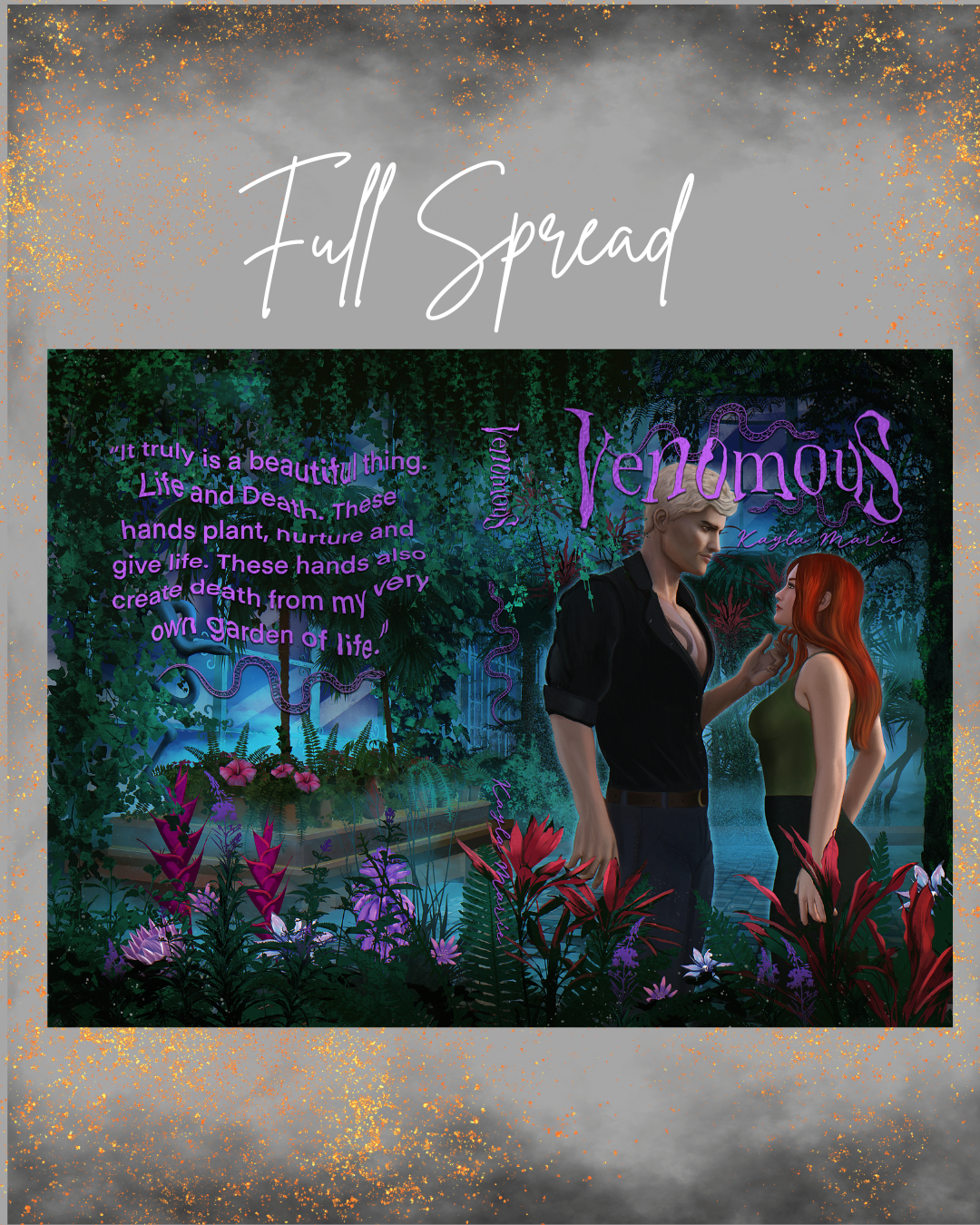 Two people standing in a mystical garden with glowing text and 'Venomous' branding.