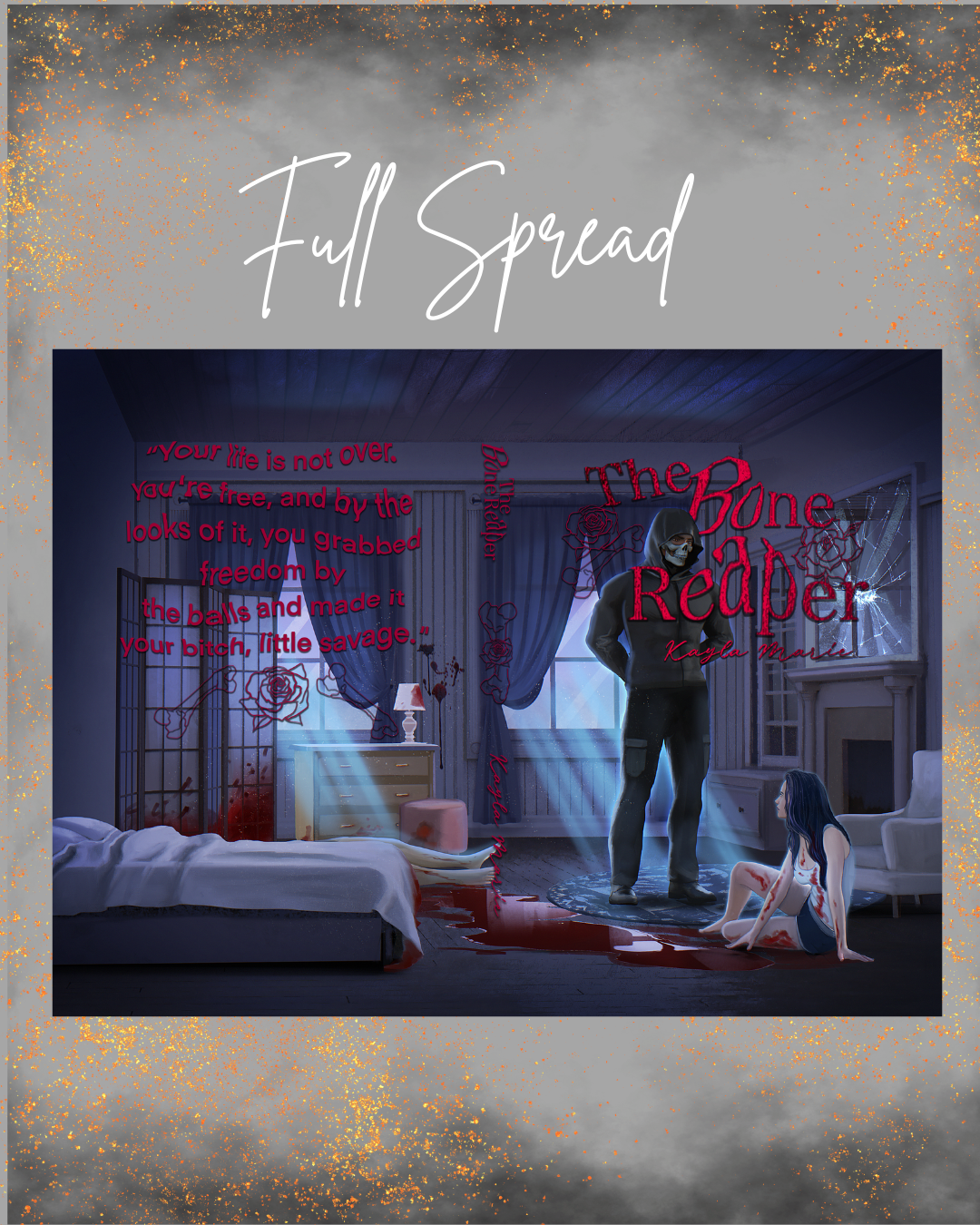 Bone reaper book cover with a man and woman in a room, text overlay, and 'Full Spread' text at the top.