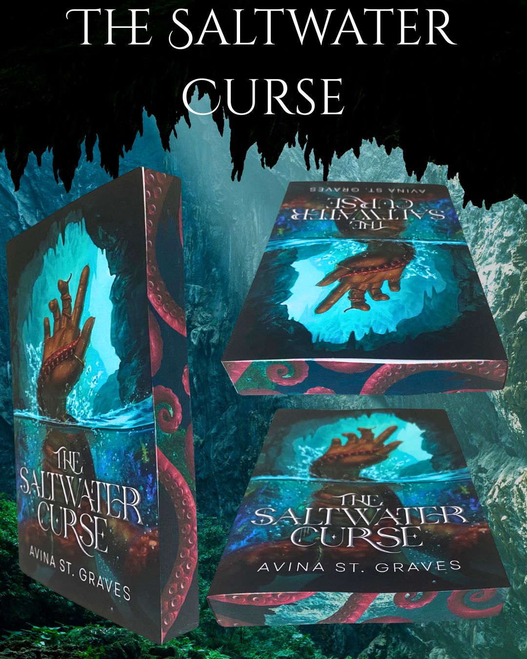 Book cover of 'The Saltwater Curse' with a hand emerging from water and ocean-themed design.