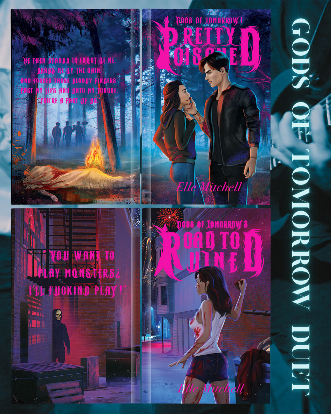 Collage of book covers from 'Gods of Tomorrow Duet' series with dark and intense scenes.