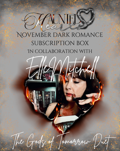 Promotional image for a November dark romance subscription box featuring Elle Mitchell's 'The Gods of Tomorrow Duet'.