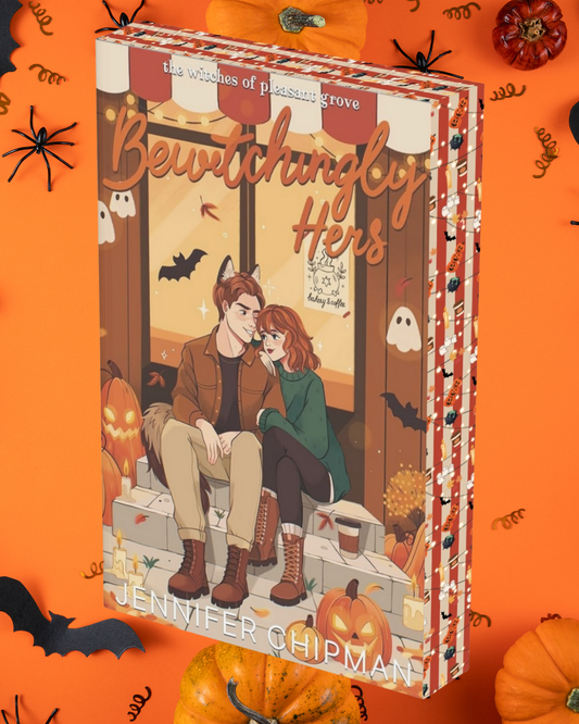 Book cover of 'Bewitchingly Hers' by Jennifer Chihrman on an orange background with Halloween decoration edges