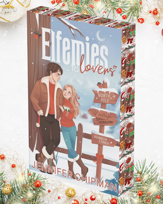 Book cover of 'Enemies to Lovers' by Jennifer Chipman with Christmas decorations.