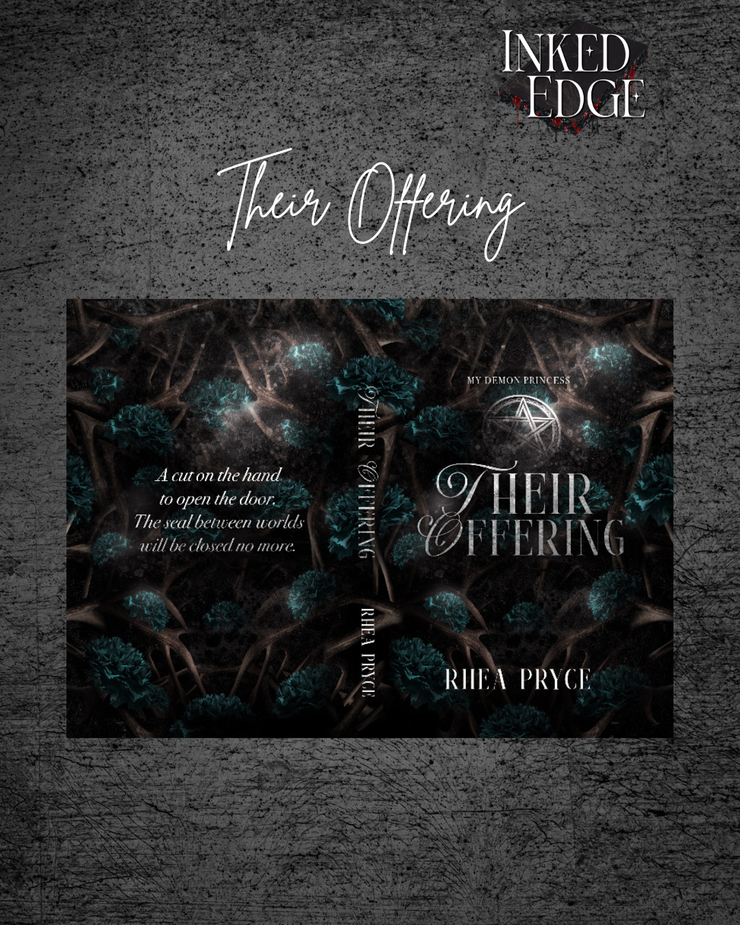 Book cover of 'Their Offering' by Rhea Pryce with dark, intricate design on a textured gray background.