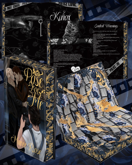 Glamorous book cover with intricate designs and text on a dark background