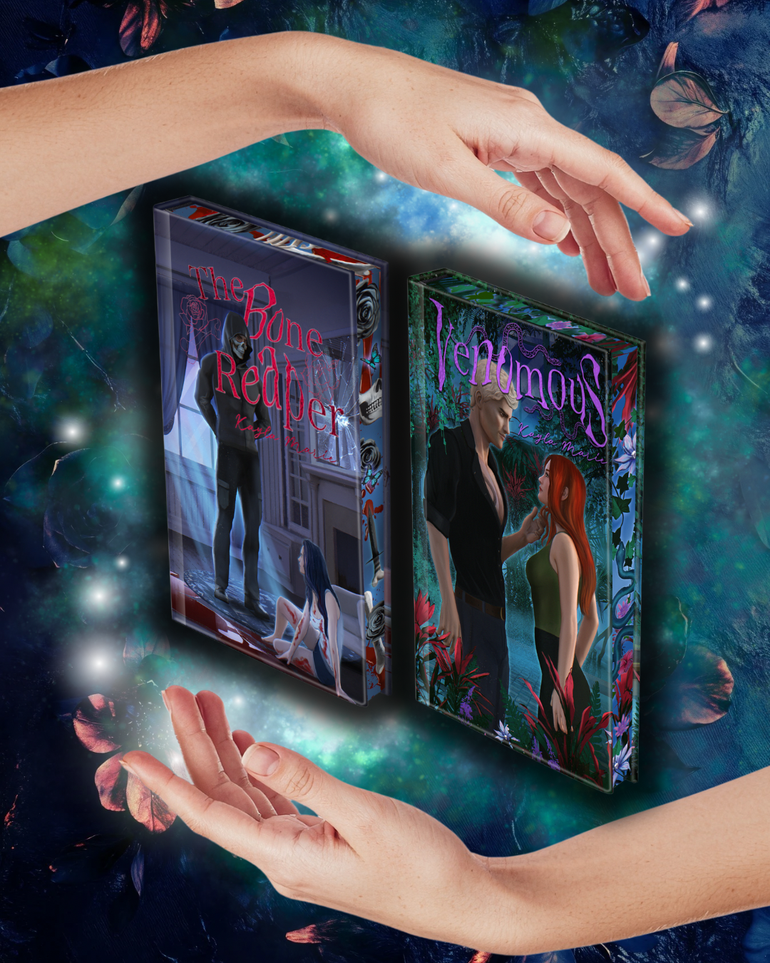 Two book covers with fantasy illustrations on a mystical background with hands reaching towards them.